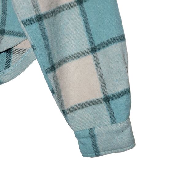 Mi ami Francesca Cropped Plaid Shacket Blue Cream Fall Winter Layering Jacket L - Picture 6 of 15